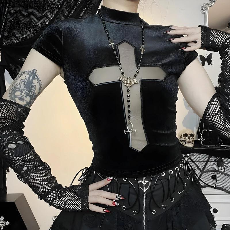 Stylish Work Outfits, Outfit Summer Ideas Goth Cross Cut Out Velvet Top Stylish Work Outfits, Outfit Summer Ideas Goth Cross Cut Out Velvet Top