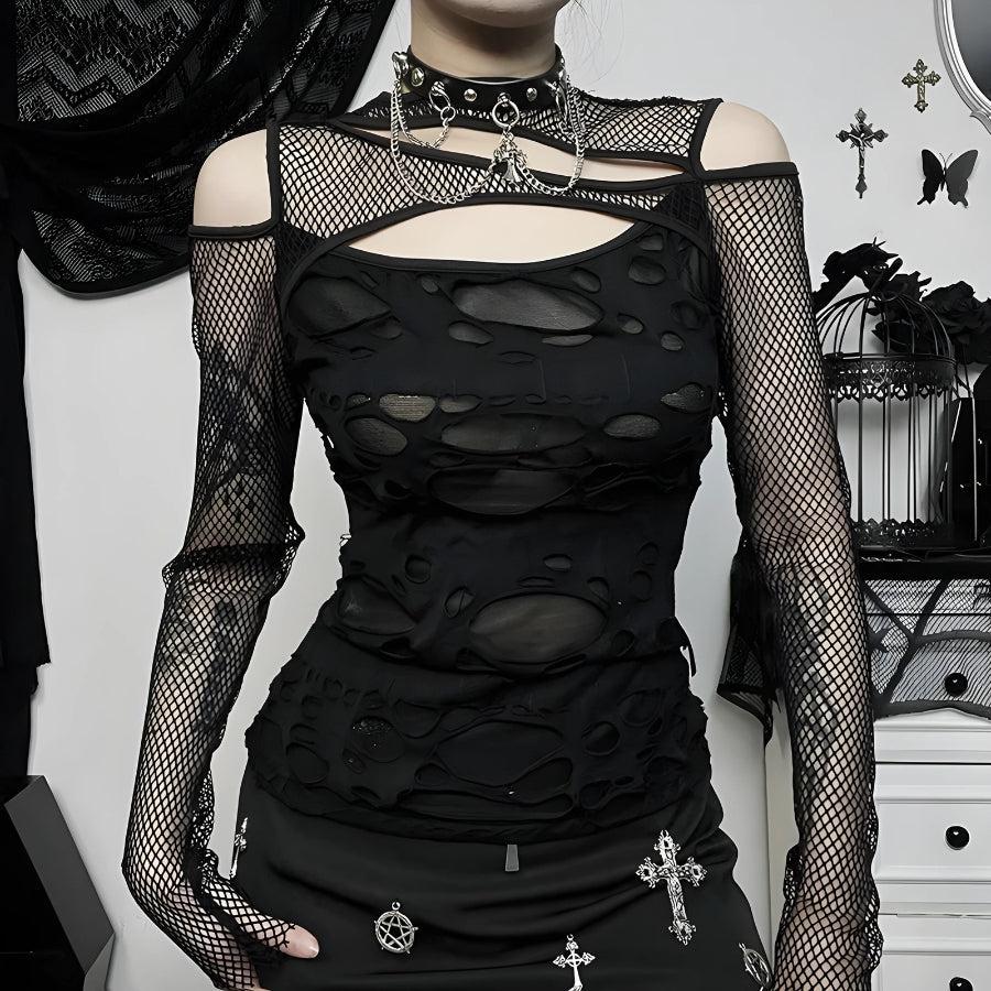 Stylish Work Outfits, Outfit Summer Ideas Goth Fishnet Ripped Top Stylish Work Outfits, Outfit Summer Ideas Goth Fishnet Ripped Top