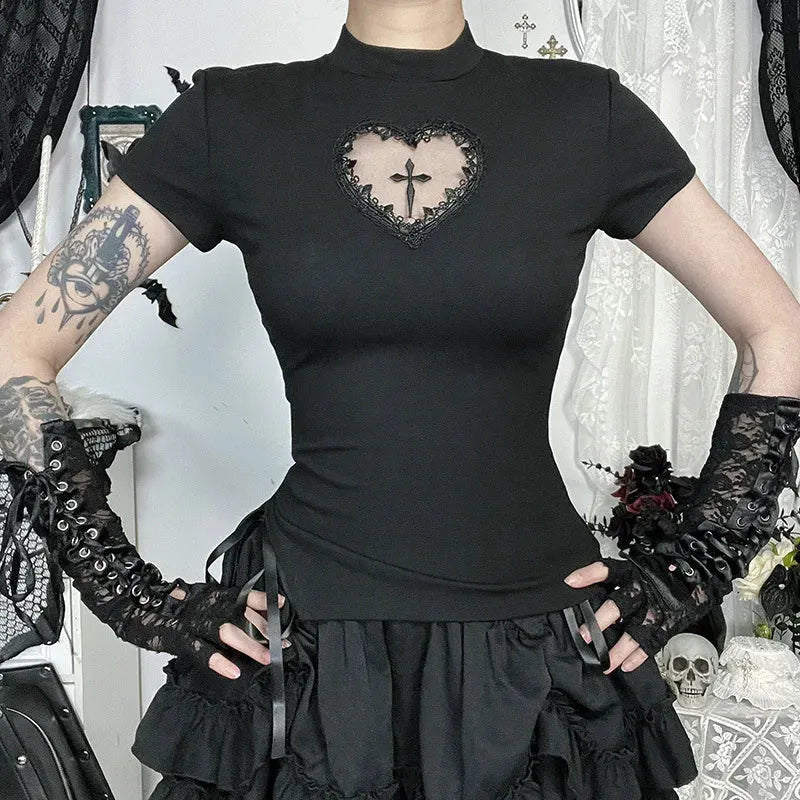 Stylish Work Outfits, Outfit Summer Ideas Goth Heart & Cross Top Stylish Work Outfits, Outfit Summer Ideas Goth Heart & Cross Top