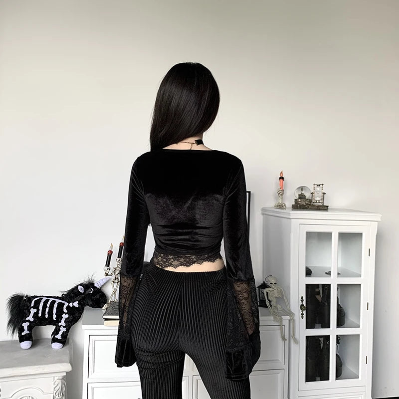 Stylish Work Outfits, Outfit Summer Ideas Goth Lace Flare Cuffs Crop Top Stylish Work Outfits, Outfit Summer Ideas Goth Lace Flare Cuffs Crop Top