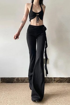 Stylish Work Outfits, Outfit Summer Ideas Goth Ruched Flower Flare Pants
