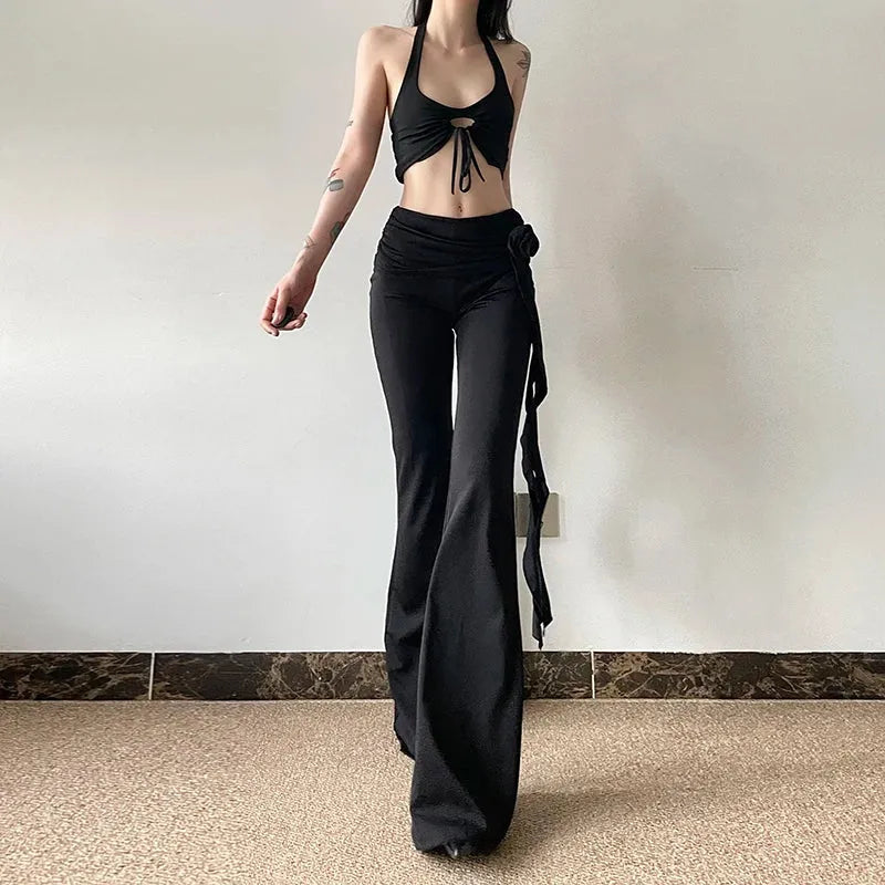 Stylish Work Outfits, Outfit Summer Ideas Goth Ruched Flower Flare Pants Stylish Work Outfits, Outfit Summer Ideas Goth Ruched Flower Flare Pants