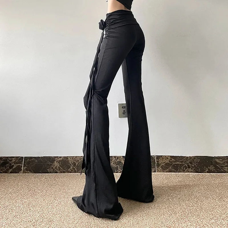 Stylish Work Outfits, Outfit Summer Ideas Goth Ruched Flower Flare Pants Stylish Work Outfits, Outfit Summer Ideas Goth Ruched Flower Flare Pants