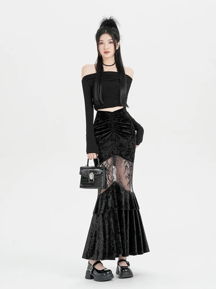 Stylish Work Outfits, Outfit Summer Ideas Goth Velvet Lace Maxi Skirt