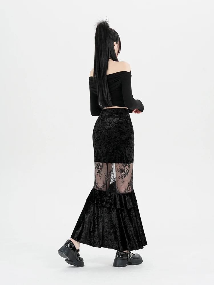 Stylish Work Outfits, Outfit Summer Ideas Goth Velvet Lace Maxi Skirt