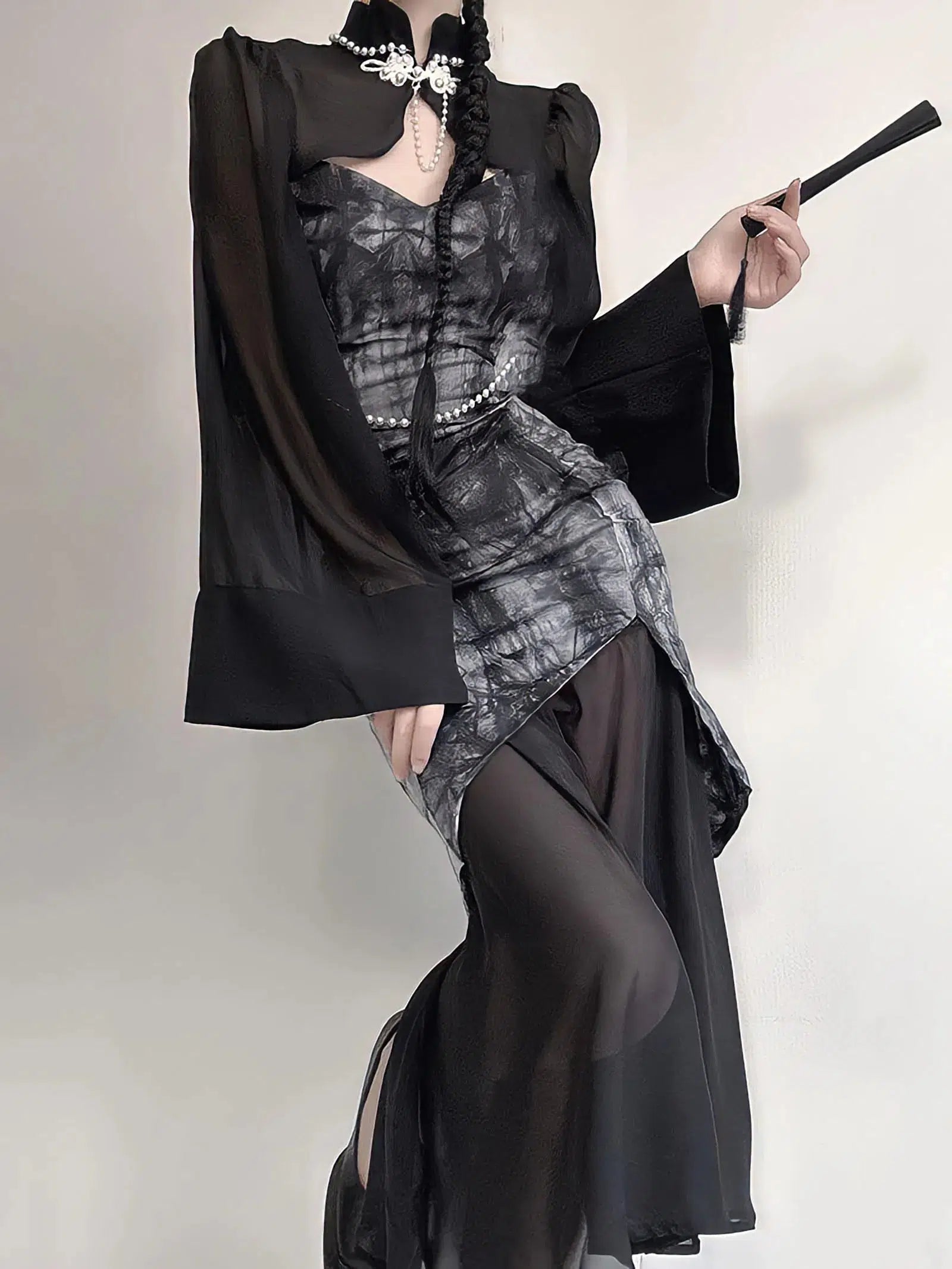 Stylish Work Outfits, Outfit Summer Ideas Goth Wide Sleeve Qipao Midi Dress
