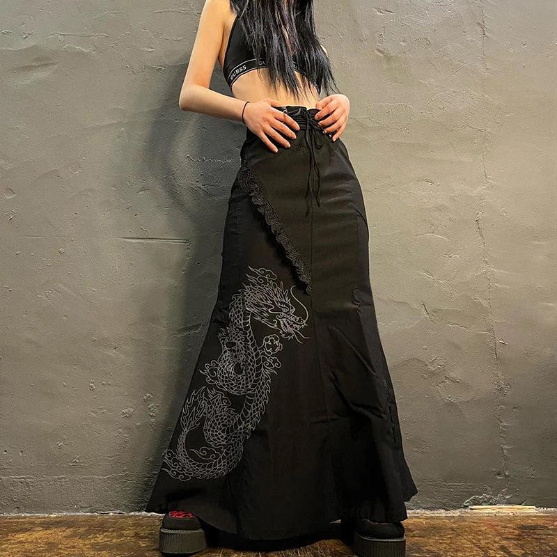 Stylish Work Outfits, Outfit Summer Ideas Gothic Dragon Printed Maxi Skirt