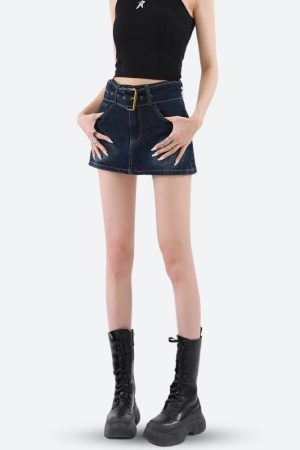 Stylish Work Outfits, Outfit Summer Ideas Grunge Belted Denim Mini Skirt