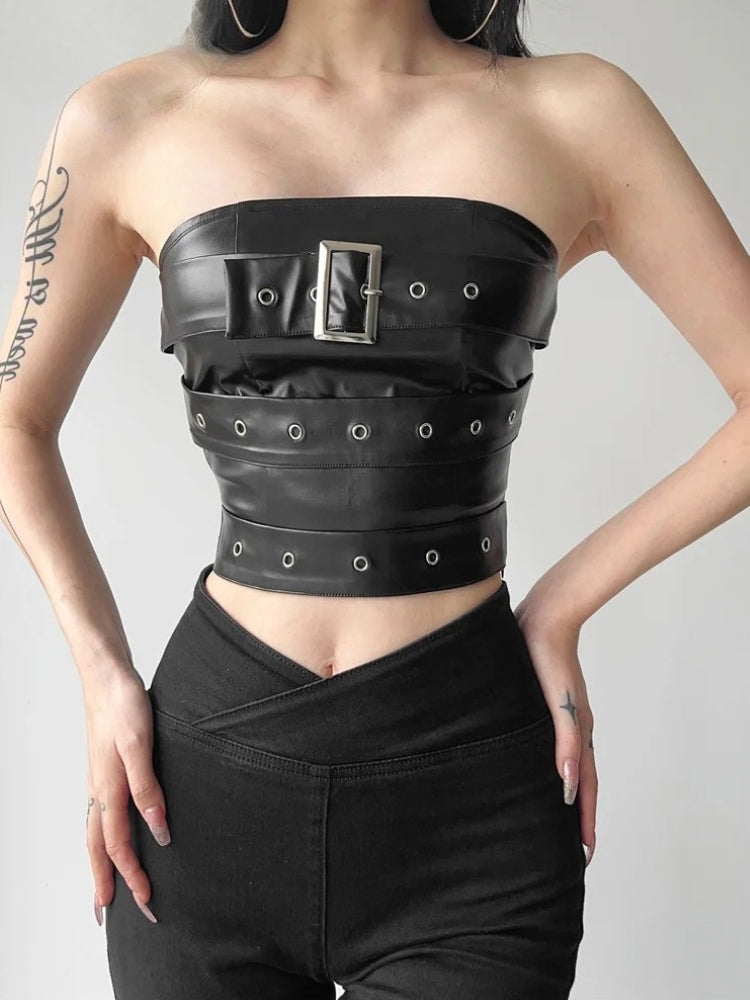 Stylish Work Outfits, Outfit Summer Ideas Grunge Belted Faux Leather Tube Top