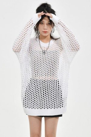 Stylish Work Outfits, Outfit Summer Ideas Grunge Crochet Knit Sweater