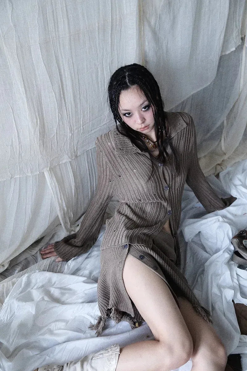 Stylish Work Outfits, Outfit Summer Ideas Grunge Distressed Cardigan & Mini Skirt Two Piece Set