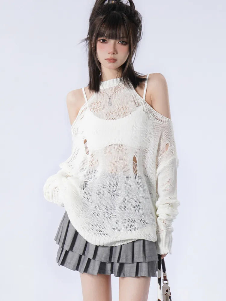 Stylish Work Outfits, Outfit Summer Ideas Grunge Distressed Cut-Out Fine Knitted Sweater Stylish Work Outfits, Outfit Summer Ideas Grunge Distressed Cut-Out Fine Knitted Sweater