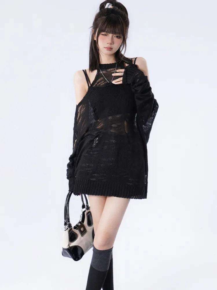 Stylish Work Outfits, Outfit Summer Ideas Grunge Distressed Cut-Out Fine Knitted Sweater