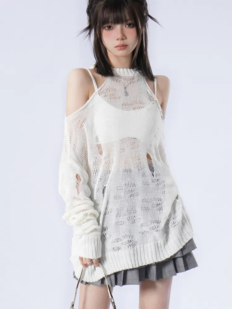 Stylish Work Outfits, Outfit Summer Ideas Grunge Distressed Cut-Out Fine Knitted Sweater Stylish Work Outfits, Outfit Summer Ideas Grunge Distressed Cut-Out Fine Knitted Sweater