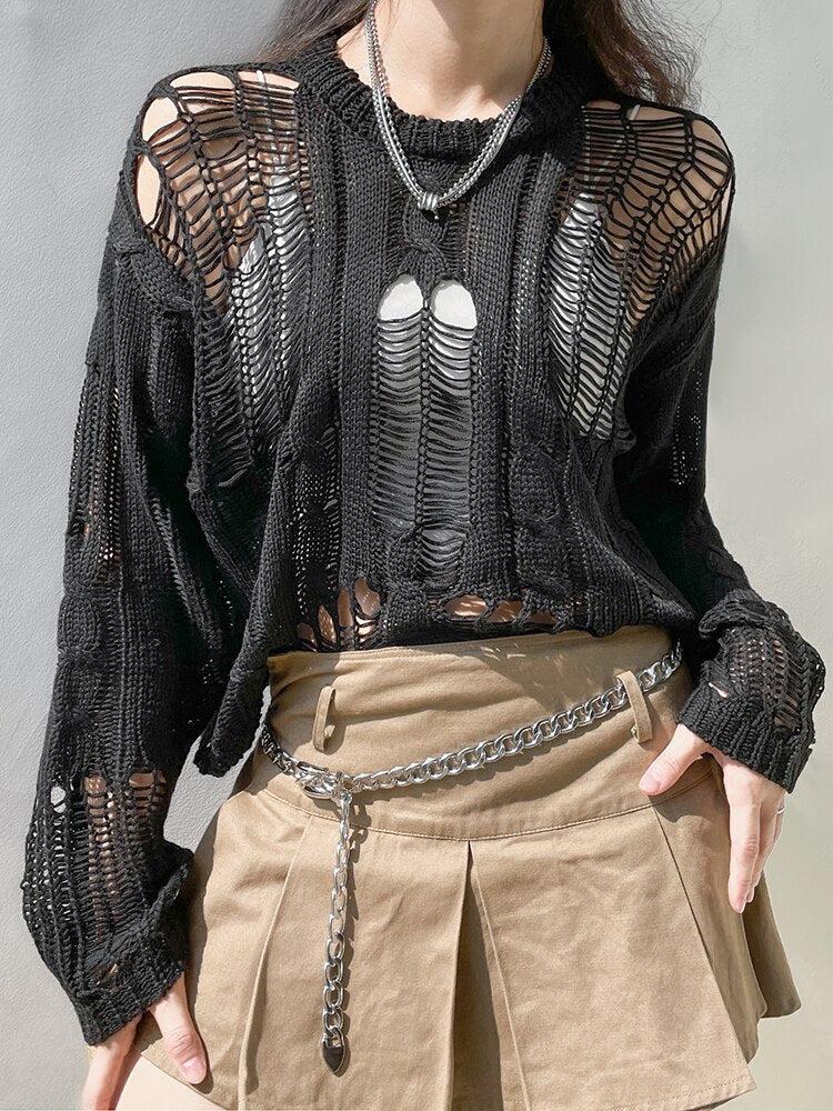 Stylish Work Outfits, Outfit Summer Ideas Grunge Distressed Knit Sweater