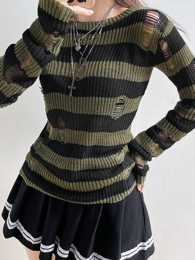 Stylish Work Outfits, Outfit Summer Ideas Grunge Distressed Striped Sweater Stylish Work Outfits, Outfit Summer Ideas Grunge Distressed Striped Sweater