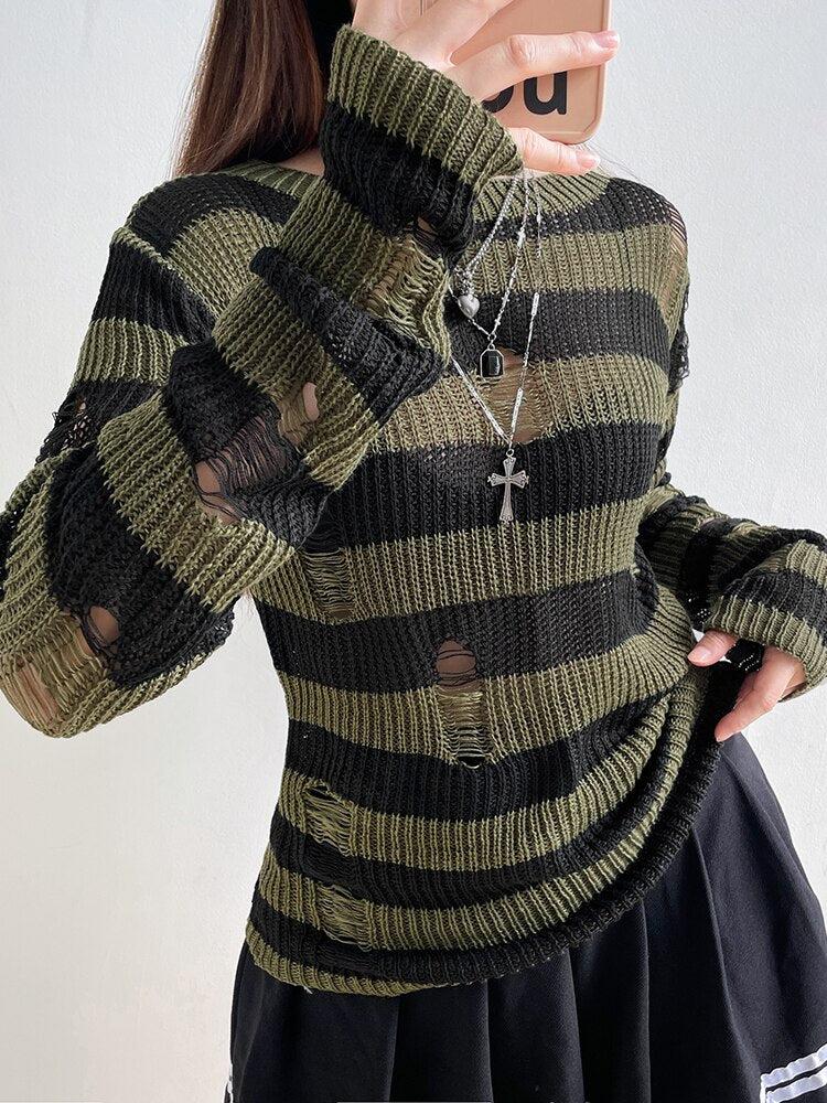 Stylish Work Outfits, Outfit Summer Ideas Grunge Distressed Striped Sweater Stylish Work Outfits, Outfit Summer Ideas Grunge Distressed Striped Sweater
