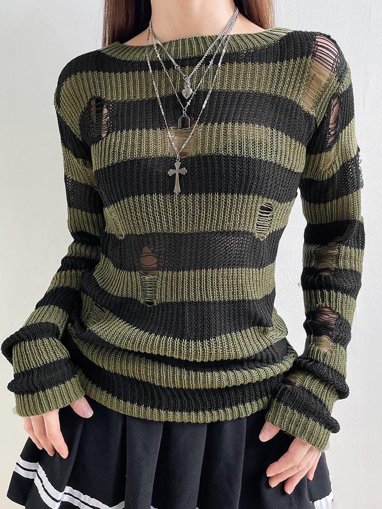 Stylish Work Outfits, Outfit Summer Ideas Grunge Distressed Striped Sweater