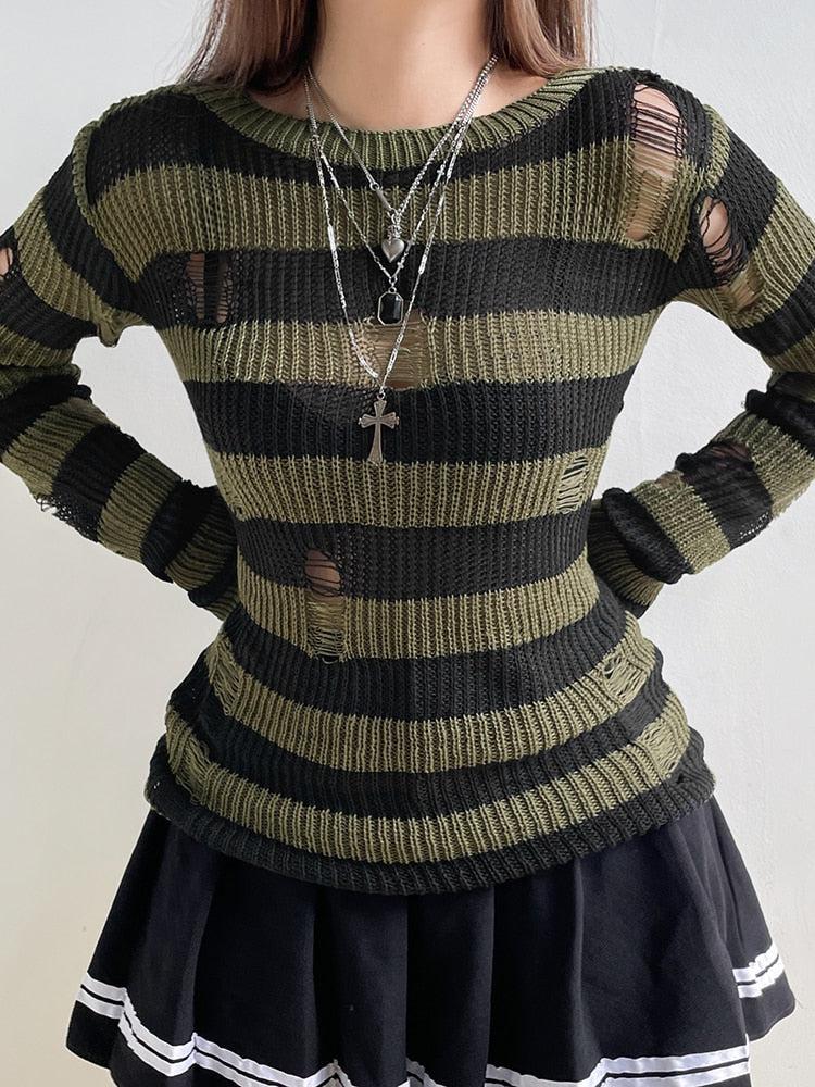 Stylish Work Outfits, Outfit Summer Ideas Grunge Distressed Striped Sweater Stylish Work Outfits, Outfit Summer Ideas Grunge Distressed Striped Sweater
