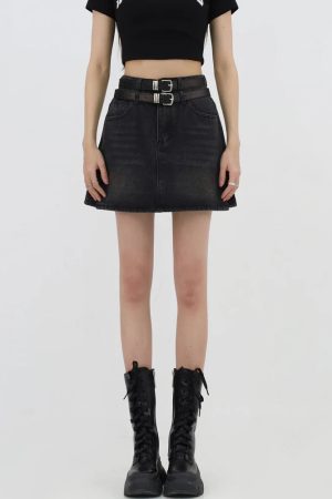 Stylish Work Outfits, Outfit Summer Ideas Grunge Double Belt Loop Denim Mini Skirt