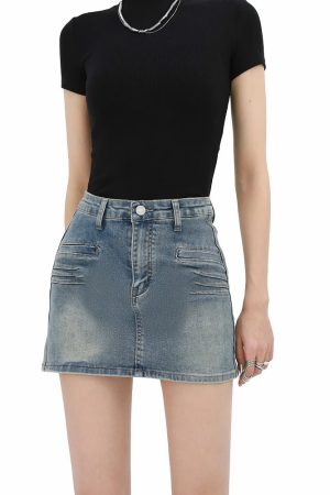 Stylish Work Outfits, Outfit Summer Ideas Grunge Fake Pocket Denim Mini Skirt