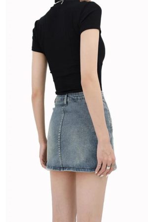 Stylish Work Outfits, Outfit Summer Ideas Grunge Fake Pocket Denim Mini Skirt