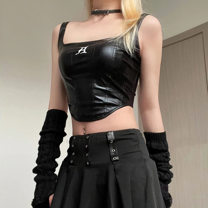 Stylish Work Outfits, Outfit Summer Ideas Grunge Faux Leather Crop Corset Top