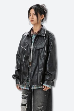 Stylish Work Outfits, Outfit Summer Ideas Grunge Faux Leather Jacket