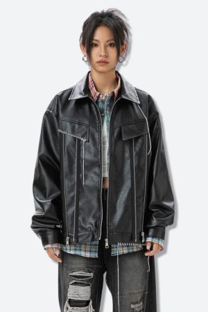 Stylish Work Outfits, Outfit Summer Ideas Grunge Faux Leather Jacket