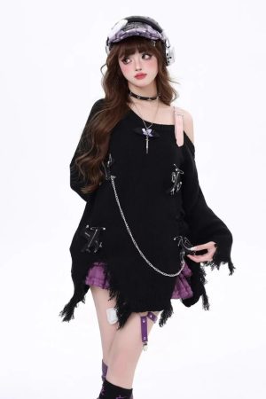 Stylish Work Outfits, Outfit Summer Ideas Grunge Kawaii Distressed Sweater