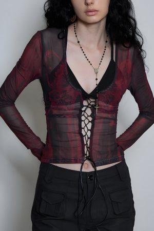 Stylish Work Outfits, Outfit Summer Ideas Grunge Lace Up Sheer Top