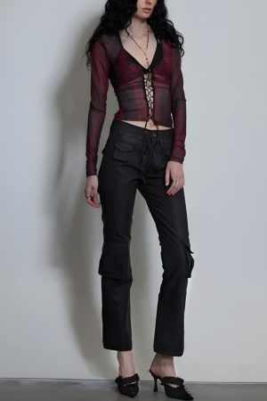 Stylish Work Outfits, Outfit Summer Ideas Grunge Lace Up Sheer Top