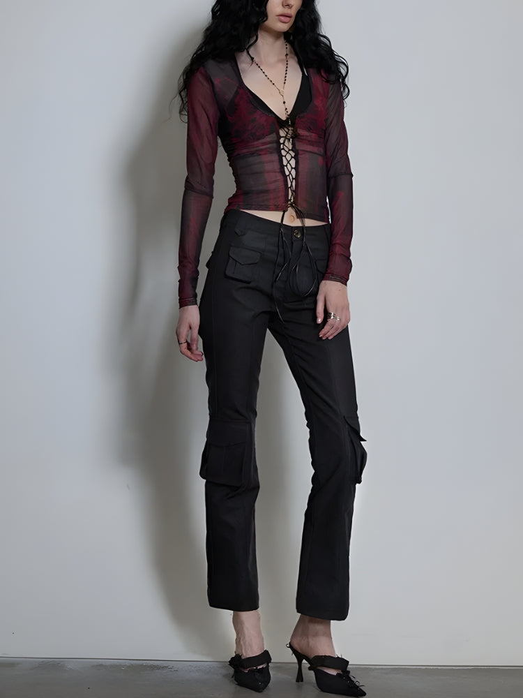 Stylish Work Outfits, Outfit Summer Ideas Grunge Lace Up Sheer Top Stylish Work Outfits, Outfit Summer Ideas Grunge Lace Up Sheer Top