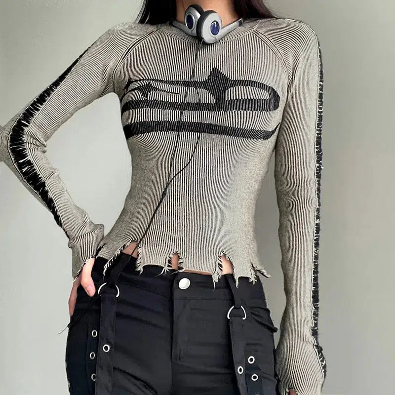 Stylish Work Outfits, Outfit Summer Ideas Grunge Long Sleeve Distressed Top Stylish Work Outfits, Outfit Summer Ideas Grunge Long Sleeve Distressed Top