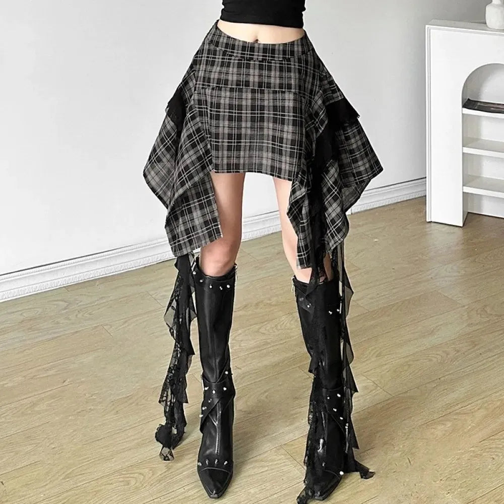 Stylish Work Outfits, Outfit Summer Ideas Grunge Plaid Asymmetric Mini Skirt