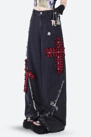 Stylish Work Outfits, Outfit Summer Ideas Grunge Plaid Cross Patch Jeans