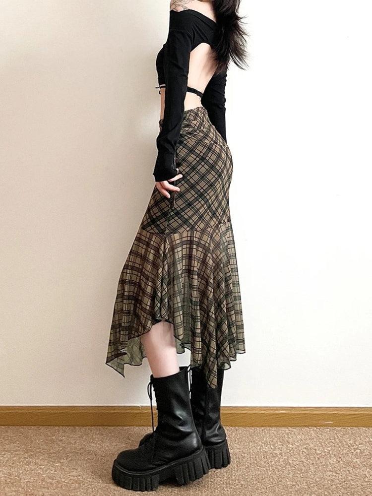Stylish Work Outfits, Outfit Summer Ideas Grunge Plaid Mesh Midi Skirt Stylish Work Outfits, Outfit Summer Ideas Grunge Plaid Mesh Midi Skirt