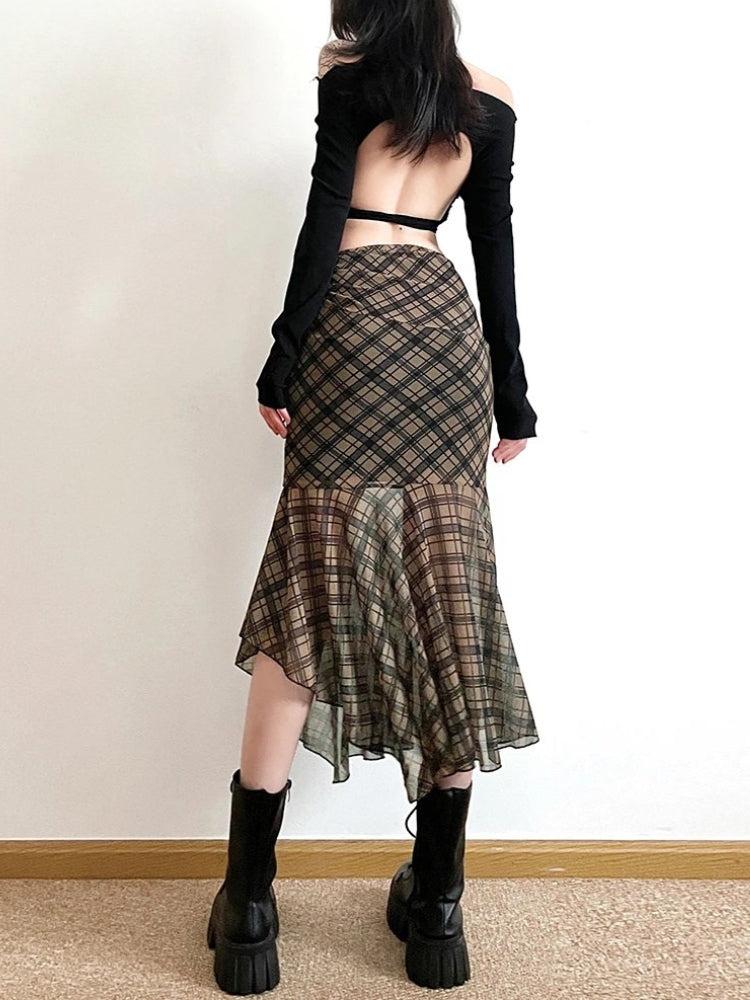 Stylish Work Outfits, Outfit Summer Ideas Grunge Plaid Mesh Midi Skirt Stylish Work Outfits, Outfit Summer Ideas Grunge Plaid Mesh Midi Skirt