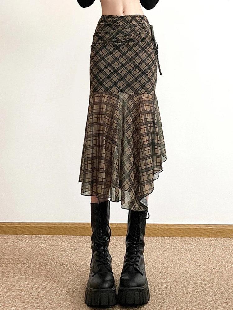 Stylish Work Outfits, Outfit Summer Ideas Grunge Plaid Mesh Midi Skirt