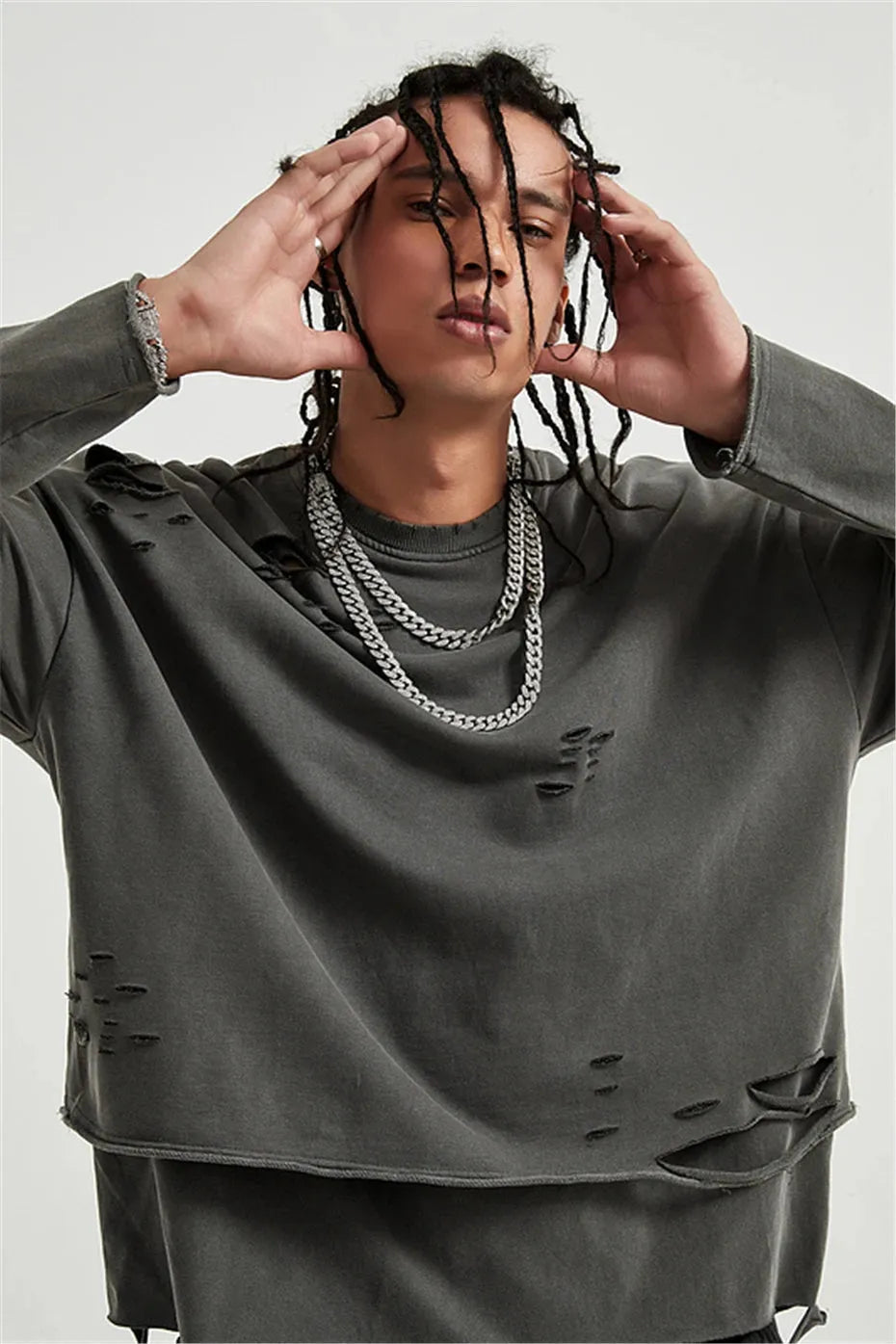 Stylish Work Outfits, Outfit Summer Ideas Grunge Ripped Layered Sweatshirt Stylish Work Outfits, Outfit Summer Ideas Grunge Ripped Layered Sweatshirt