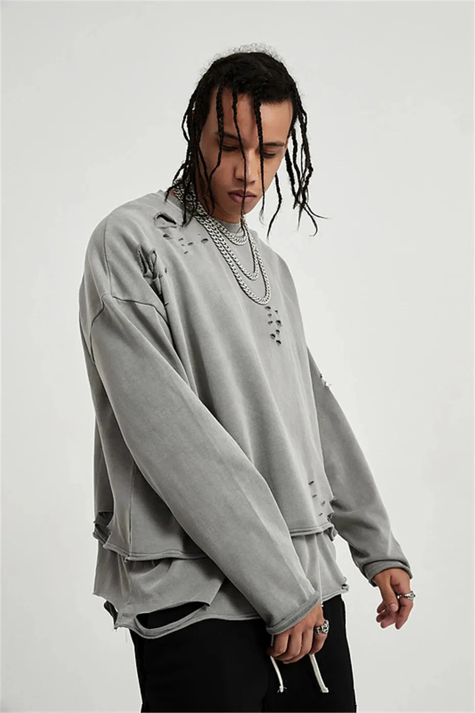 Stylish Work Outfits, Outfit Summer Ideas Grunge Ripped Layered Sweatshirt