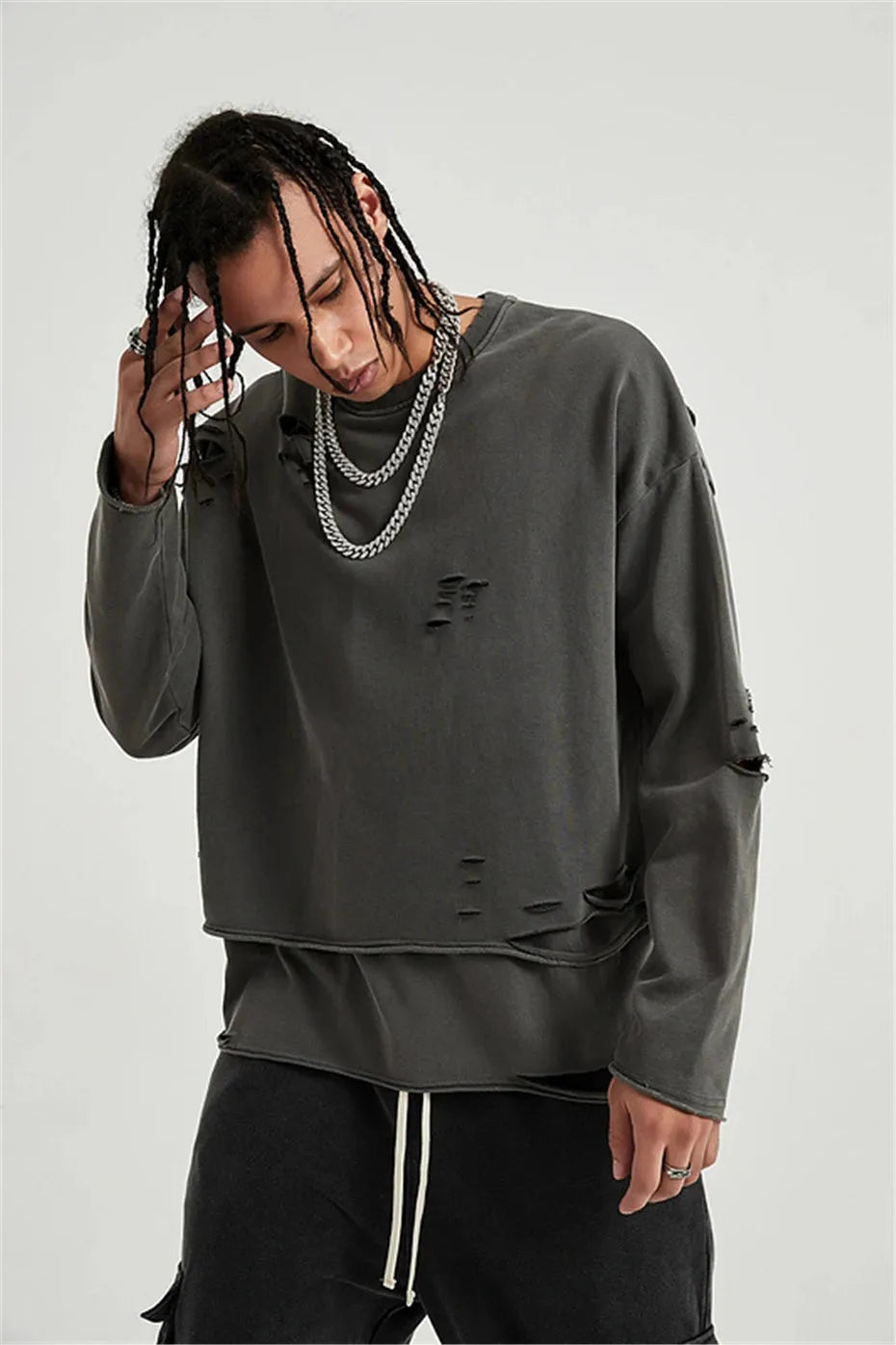 Stylish Work Outfits, Outfit Summer Ideas Grunge Ripped Layered Sweatshirt Stylish Work Outfits, Outfit Summer Ideas Grunge Ripped Layered Sweatshirt