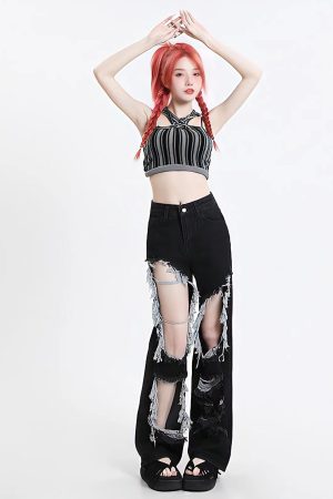 Stylish Work Outfits, Outfit Summer Ideas Grunge Ripped Wide Leg Jeans