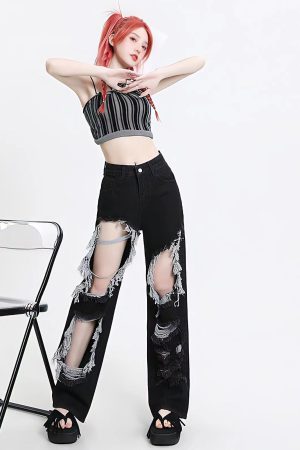 Stylish Work Outfits, Outfit Summer Ideas Grunge Ripped Wide Leg Jeans