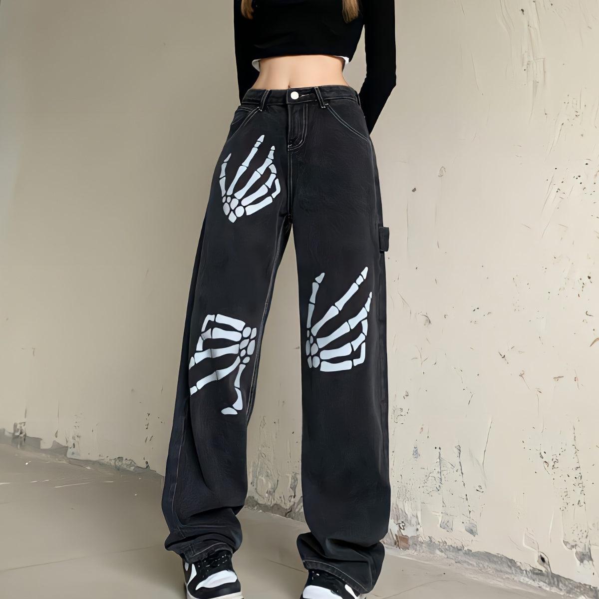 Stylish Work Outfits, Outfit Summer Ideas Grunge Skeleton Hand Printed Jeans