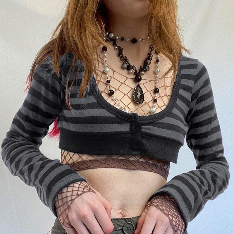 Stylish Work Outfits, Outfit Summer Ideas Grunge Striped Button-Up Crop Top Stylish Work Outfits, Outfit Summer Ideas Grunge Striped Button-Up Crop Top