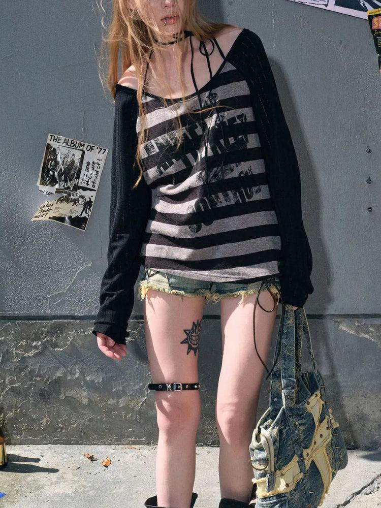 Stylish Work Outfits, Outfit Summer Ideas Grunge Striped Off Shoulder Top Stylish Work Outfits, Outfit Summer Ideas Grunge Striped Off Shoulder Top