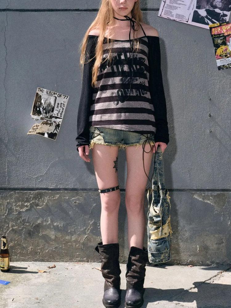 Stylish Work Outfits, Outfit Summer Ideas Grunge Striped Off Shoulder Top Stylish Work Outfits, Outfit Summer Ideas Grunge Striped Off Shoulder Top