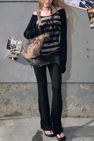 Stylish Work Outfits, Outfit Summer Ideas Grunge Striped Off Shoulder Top