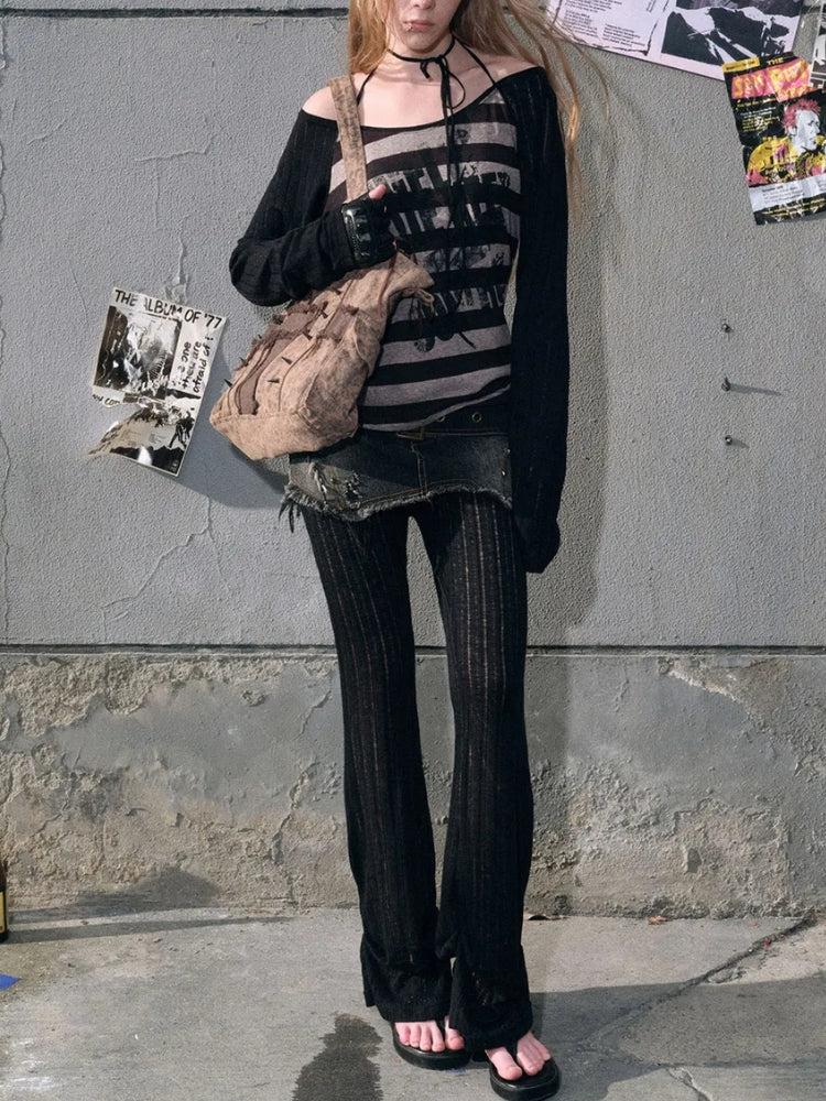 Stylish Work Outfits, Outfit Summer Ideas Grunge Striped Off Shoulder Top Stylish Work Outfits, Outfit Summer Ideas Grunge Striped Off Shoulder Top